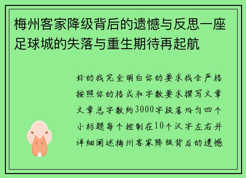 梅州客家降级背后的遗憾与反思一座足球城的失落与重生期待再起航